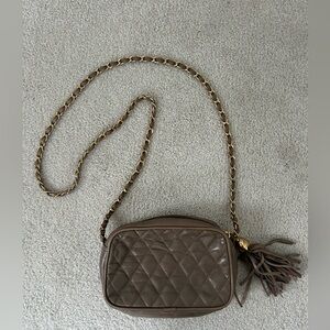 Holt Renfrew vintage quilted leather camera bag tan color